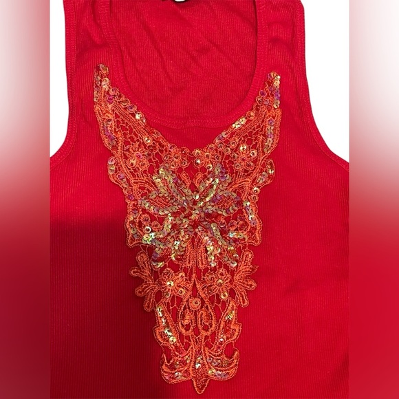 Red Sleeveless Tank Top with Gold Embellishments - Picture 2 of 4